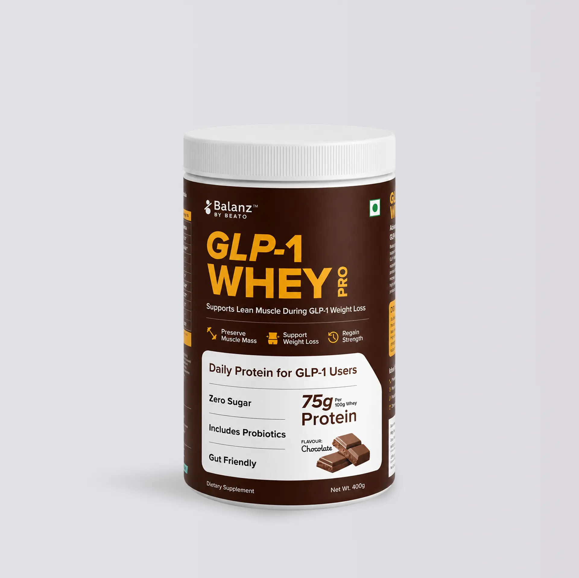 Whey Protein 75g  - Chocolate — Metaboliq studio product render