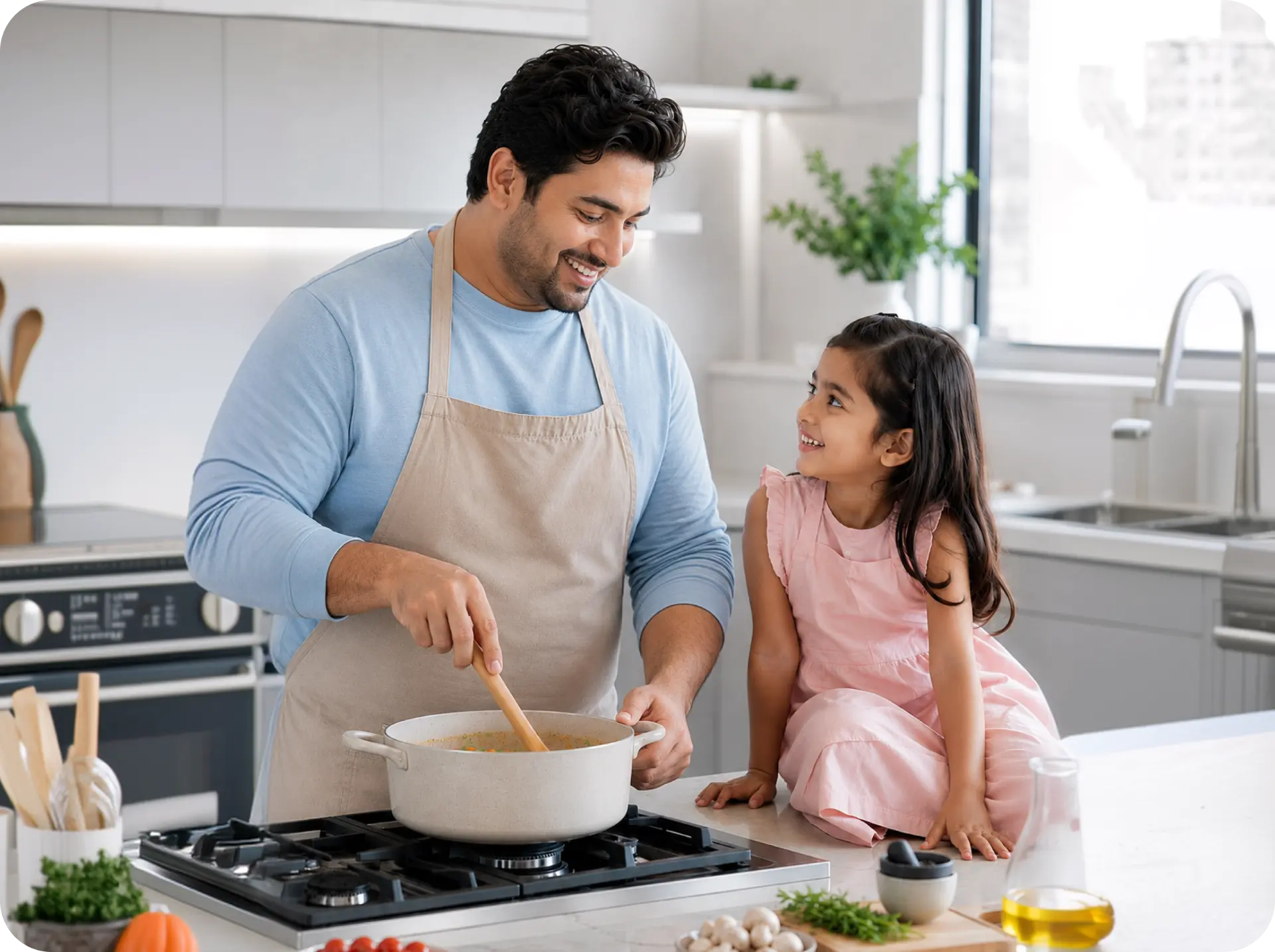 A man cooking a light home-cooked meal on the stove while his young daughter sits on the counter beside him