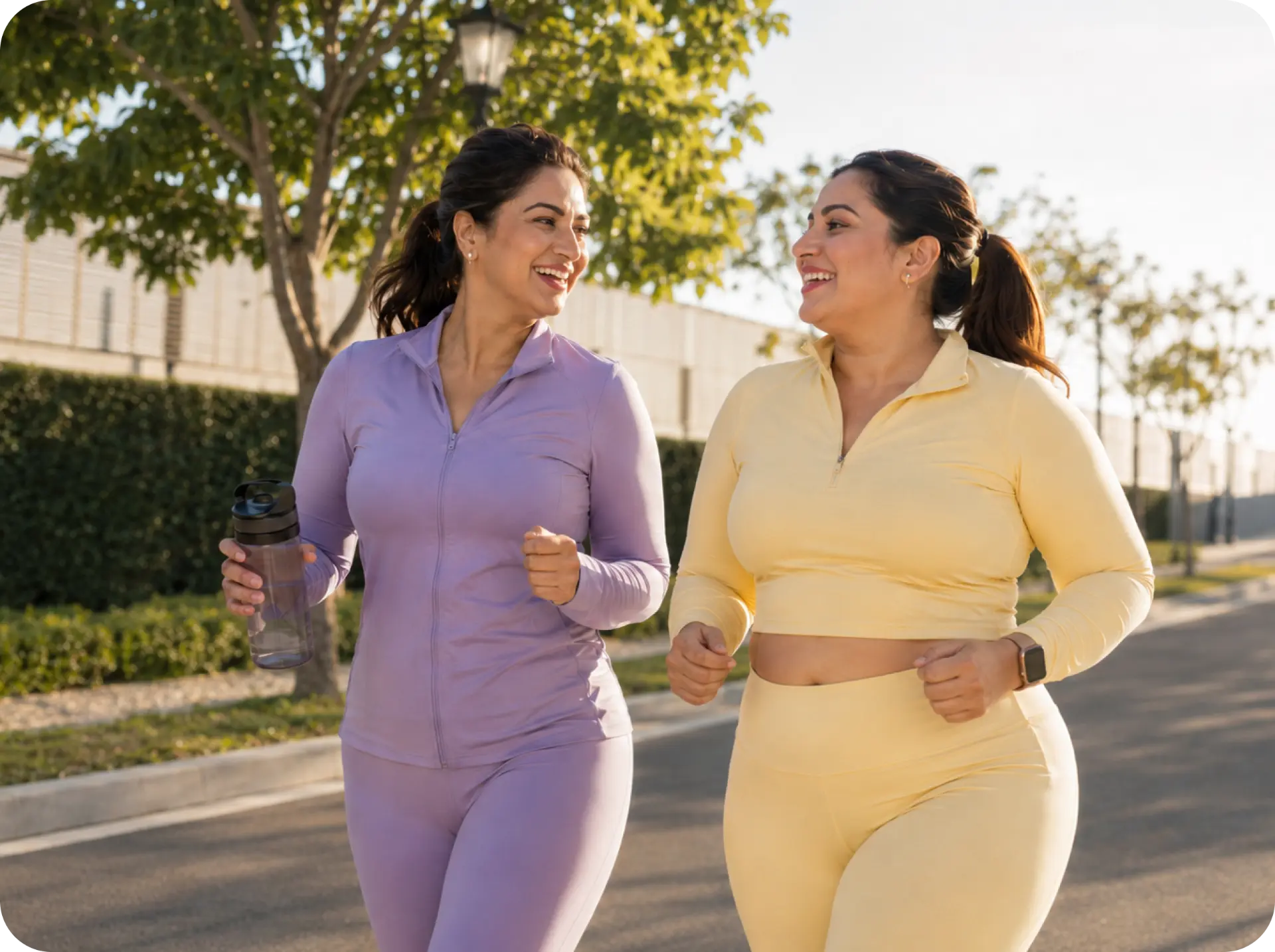 Two women walking briskly together outdoors in the evening light, smiling mid-conversation