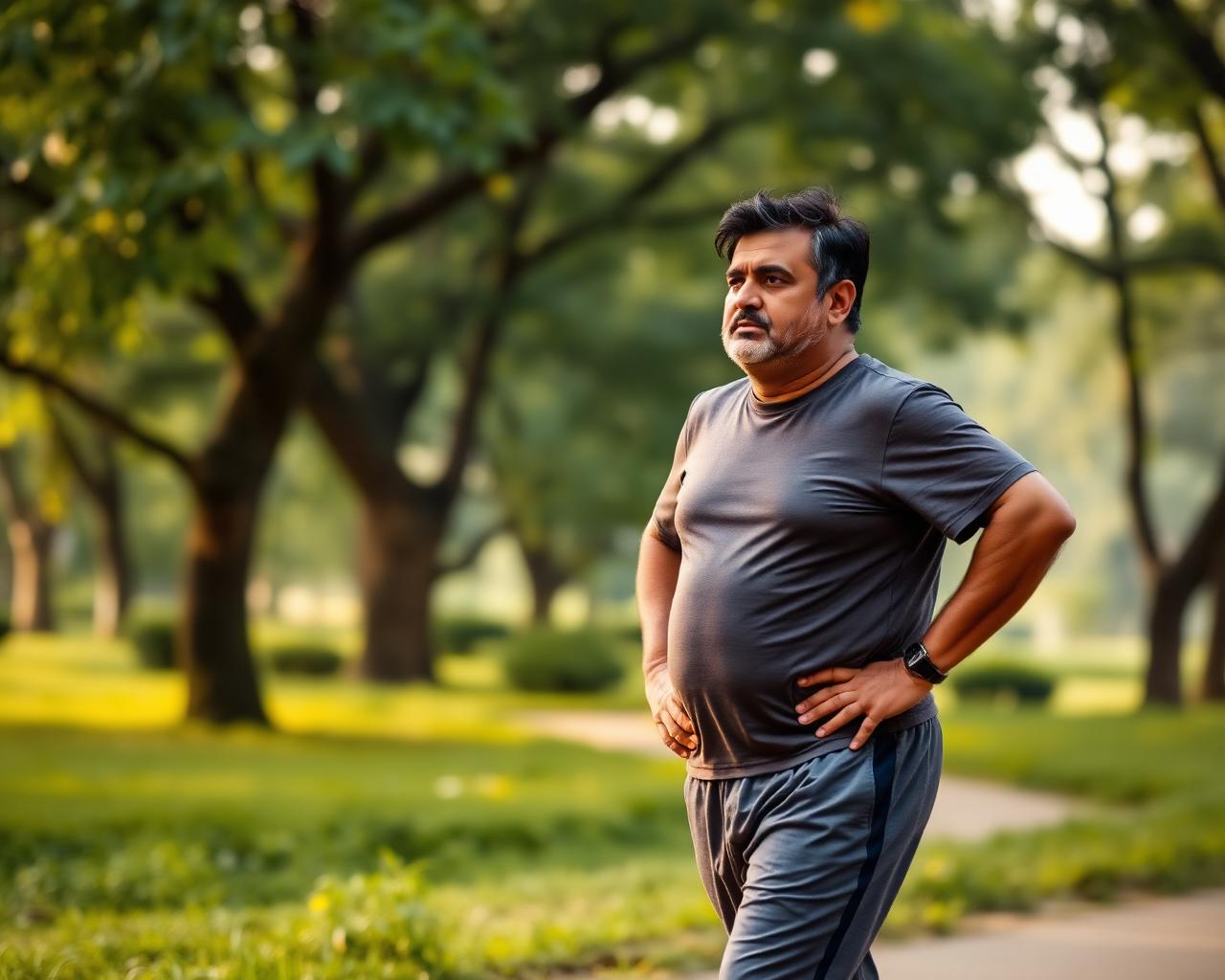An Indian man in his early forties pausing on a morning walk to catch his breath