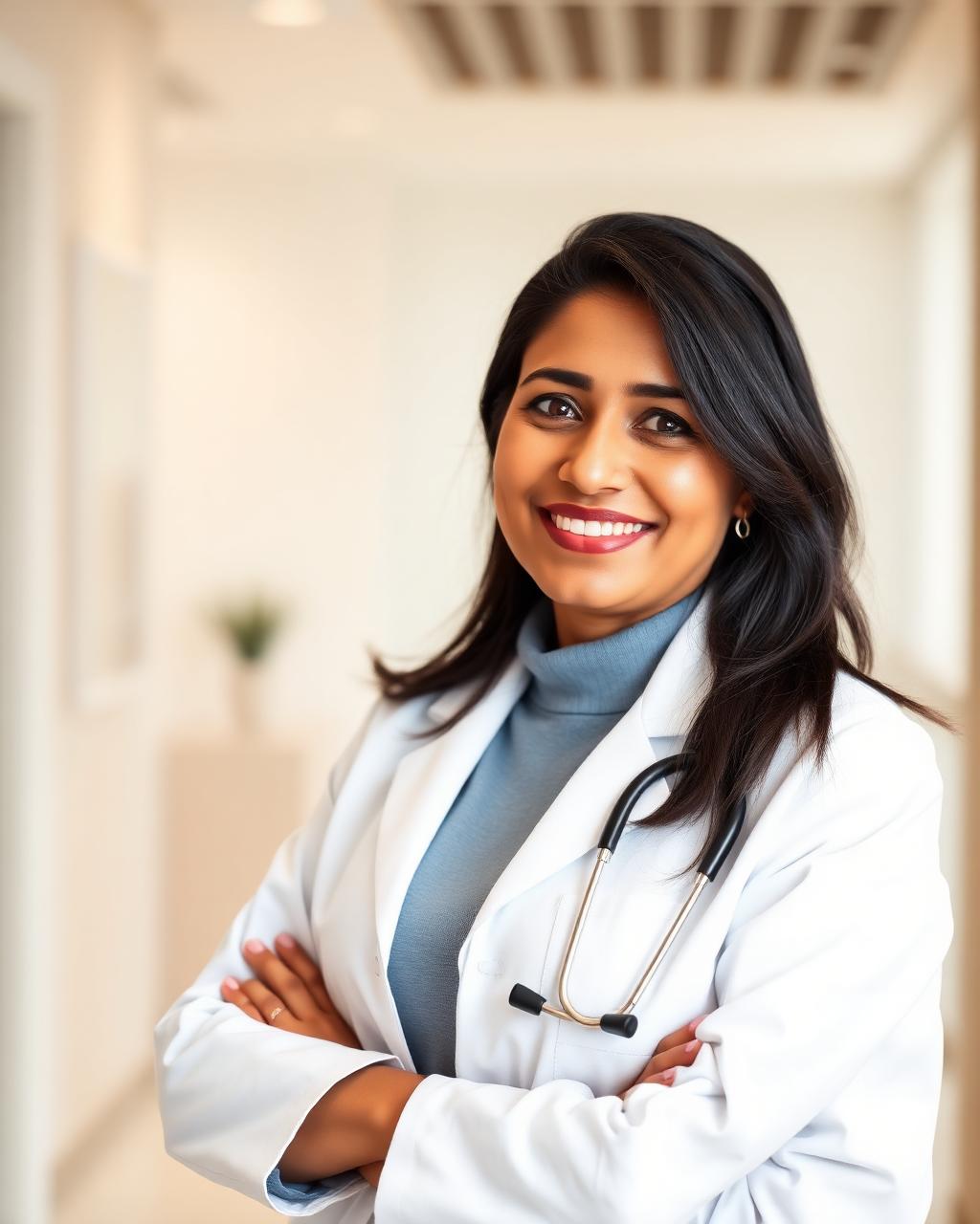 An Indian endocrinologist in her forties wearing a white coat and stethoscope in a bright clinic