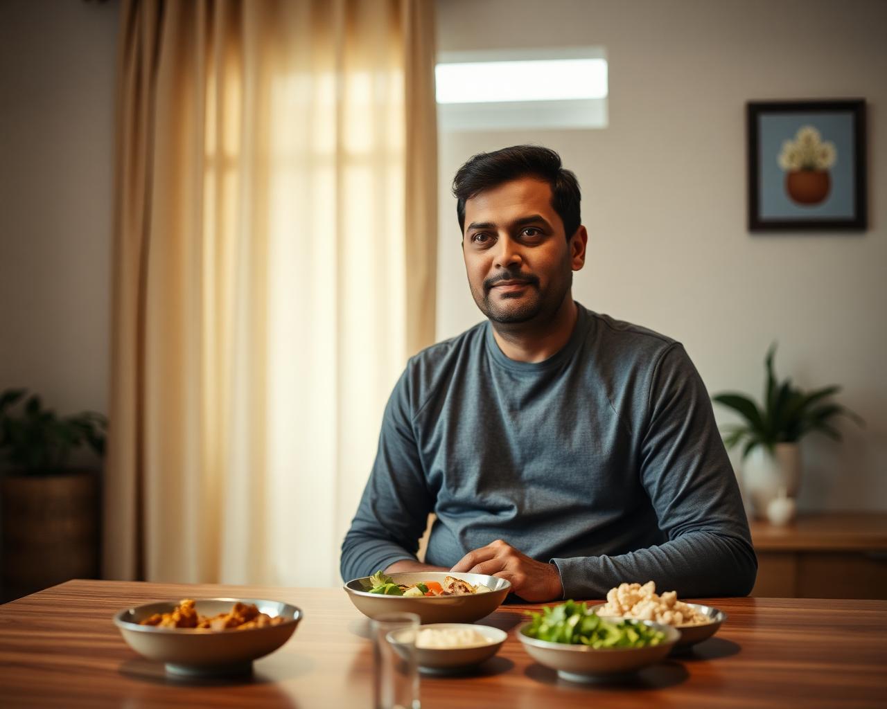 An Indian man in his late thirties at a dining table with a light home-cooked Indian meal