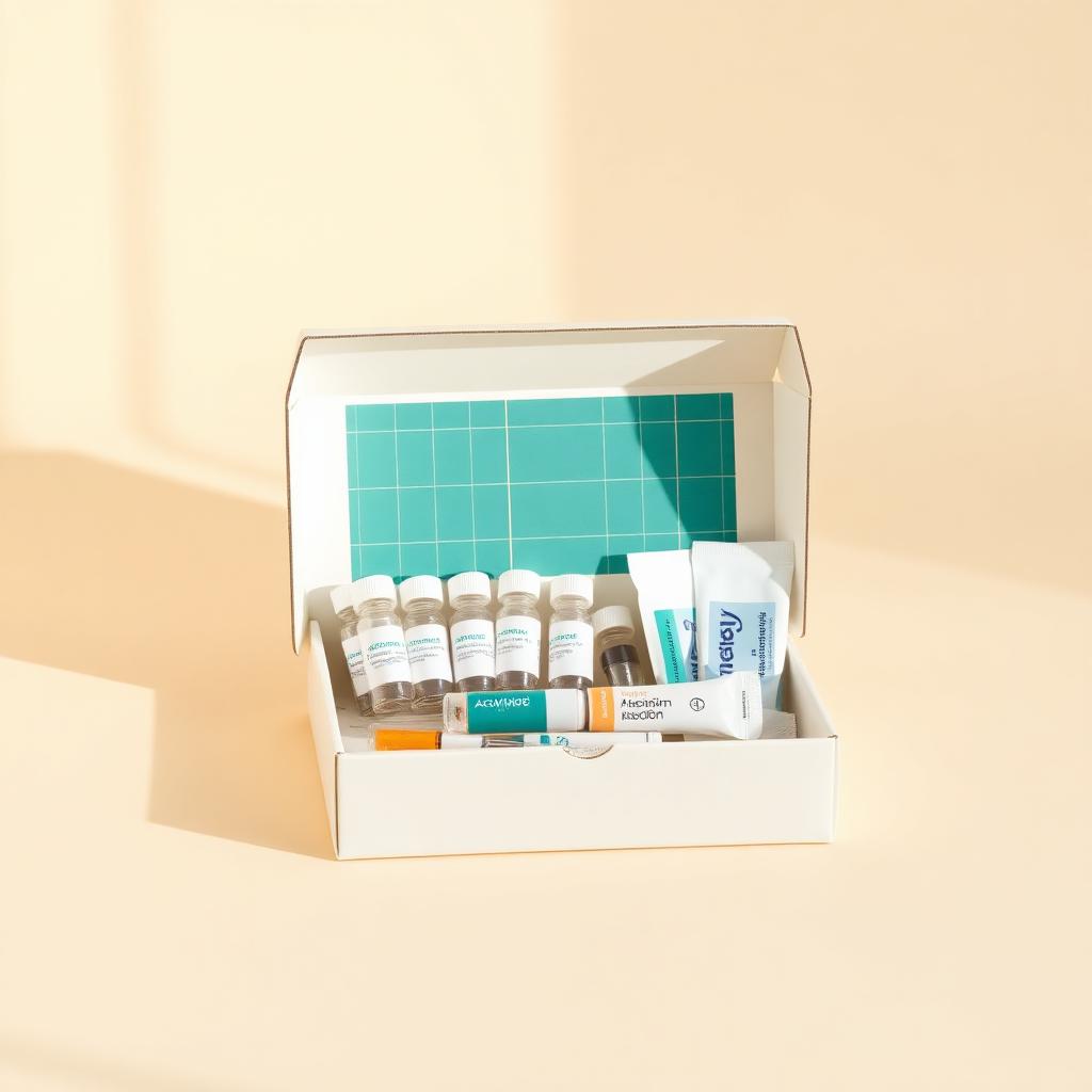 An open ivory home sample-collection kit with a teal band, showing collection vials, a urine container, alcohol swabs and a bandage