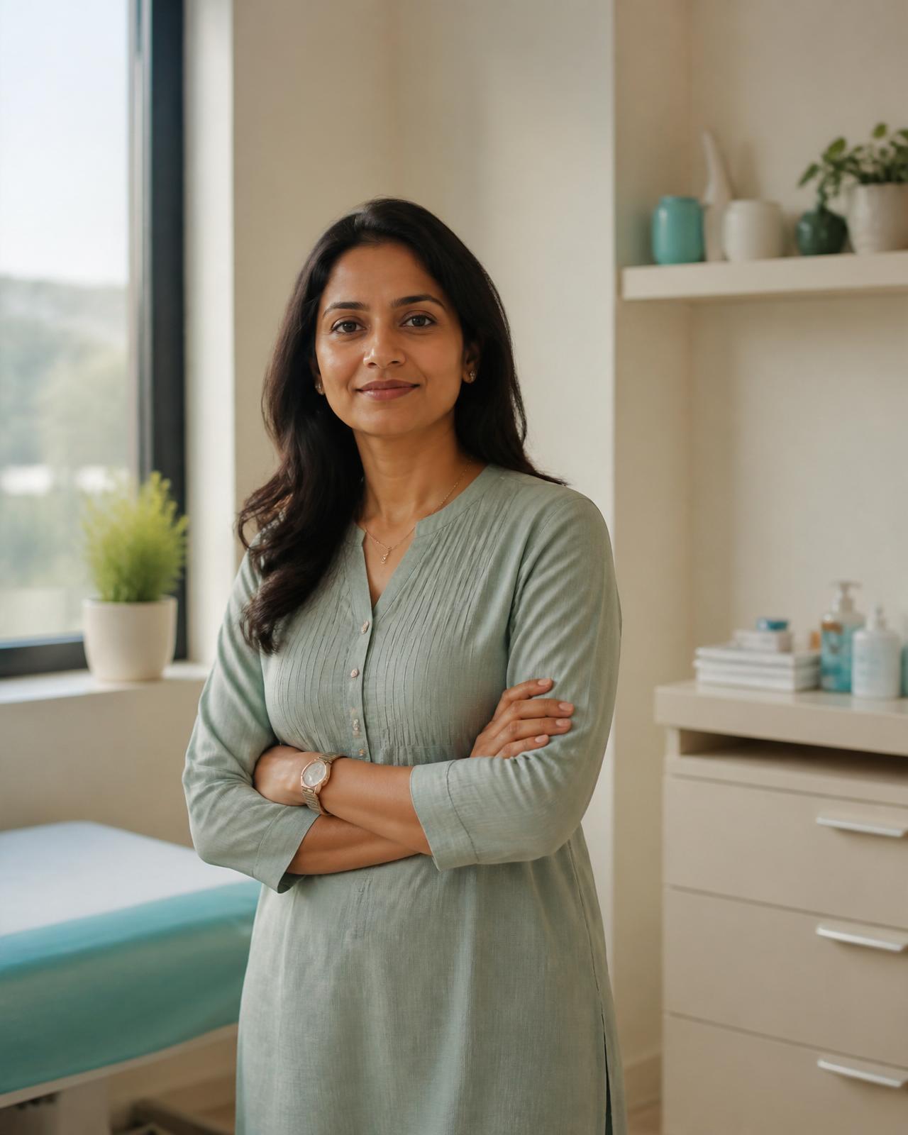 A woman in her late thirties in a calm clinical consultation room