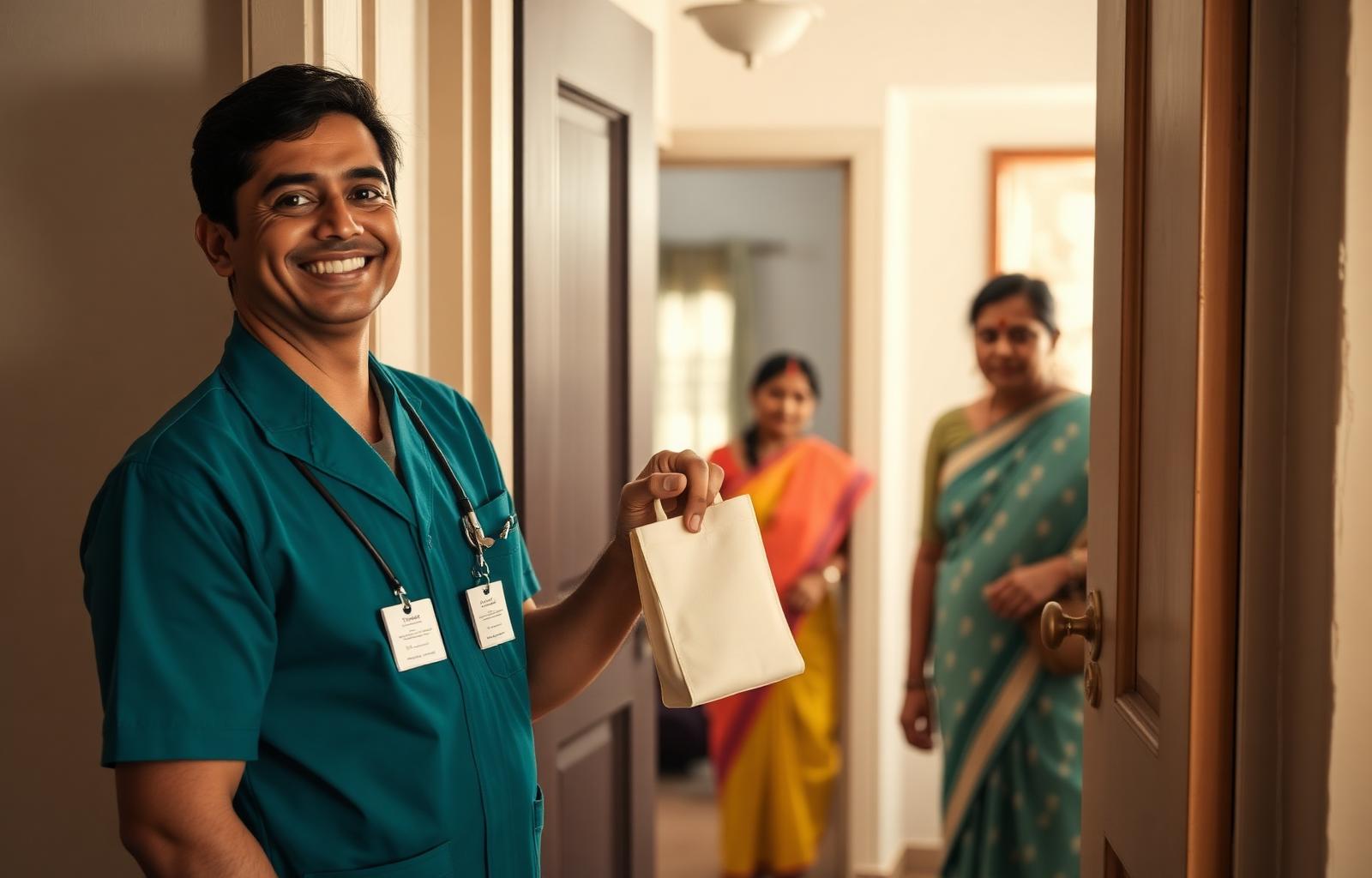 A Metaboliq phlebotomist in a teal uniform arriving with a collection kit at a family's home