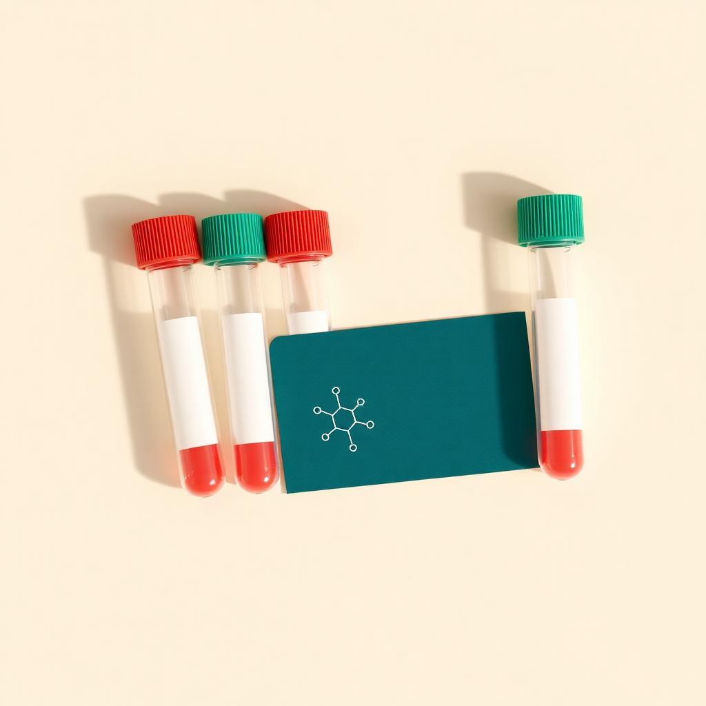 Four blood collection vials arranged in an arc beside a teal card with a minimal hormone-molecule line motif