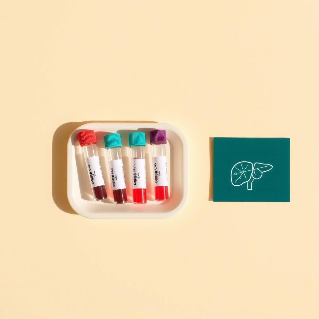 Three blood collection vials on an ivory tray next to a teal card printed with a minimal liver line icon