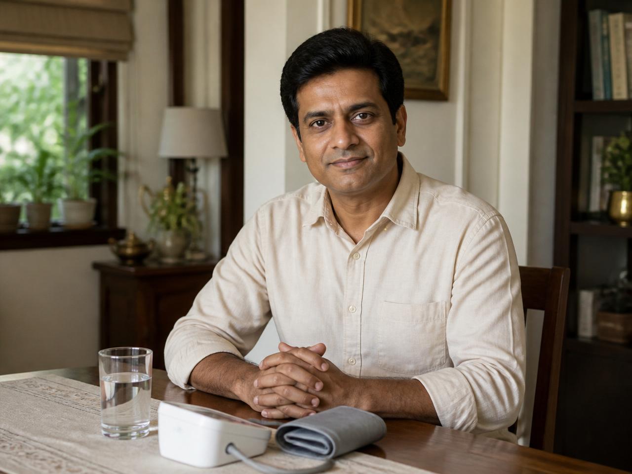 A man in his early forties at home with a blood pressure monitor on the table