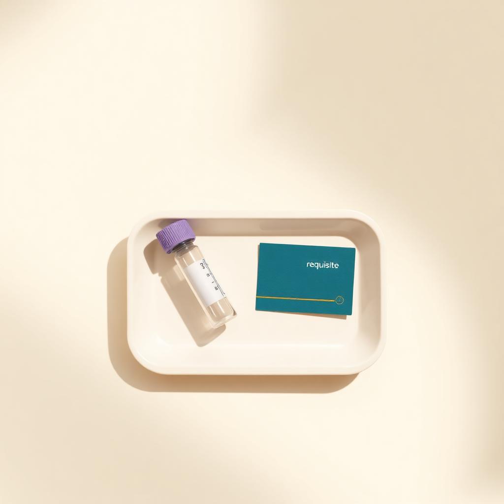 Two blood collection vials with lavender and gold caps on an ivory tray beside a teal Metaboliq requisition card