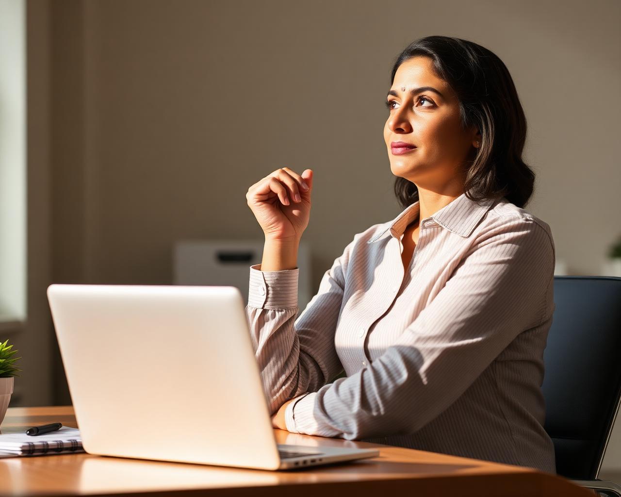 An Indian woman in her thirties in business casual at her office desk, looking tired