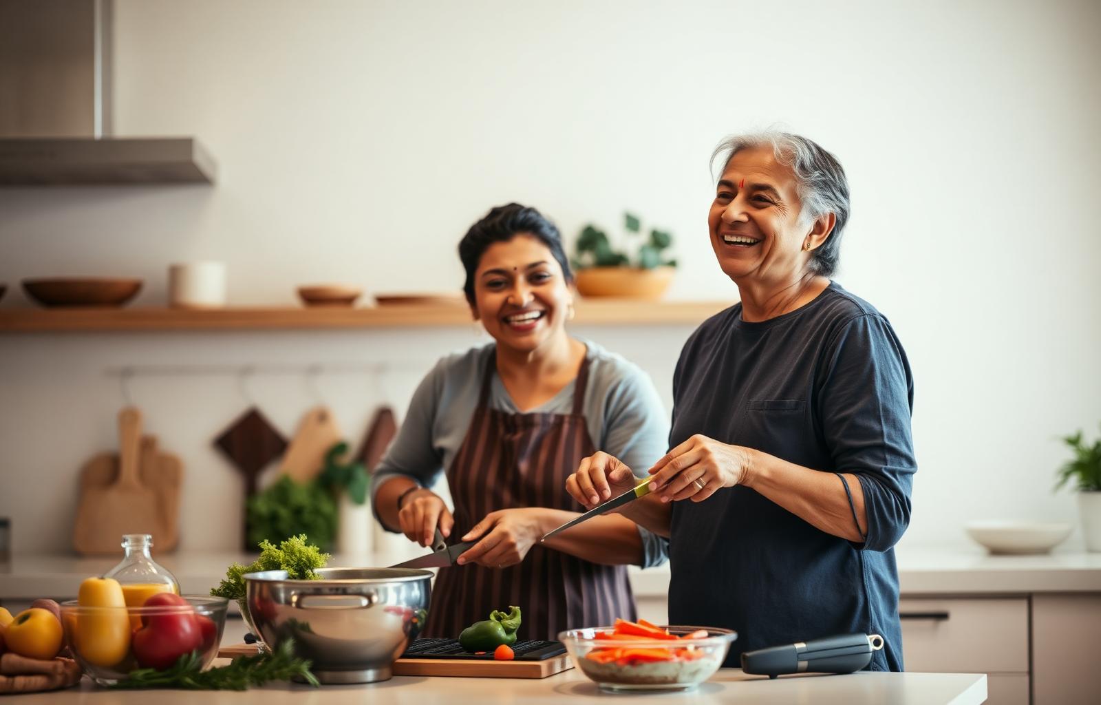 An Indian couple in their forties cooking a healthy meal together in a modern kitchen