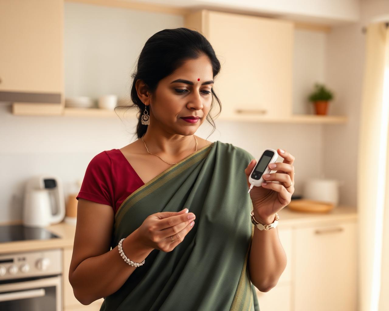 An Indian woman in her early forties checking a handheld glucometer at home