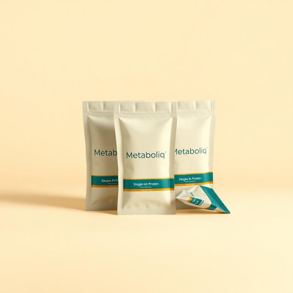 Travel Protein Sachets — Metaboliq studio product render on ivory background