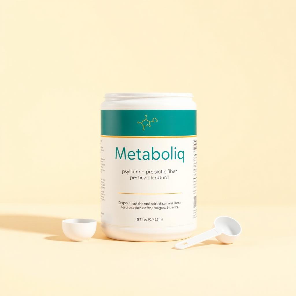 Psyllium + Prebiotic Blend — Metaboliq studio product render on ivory background