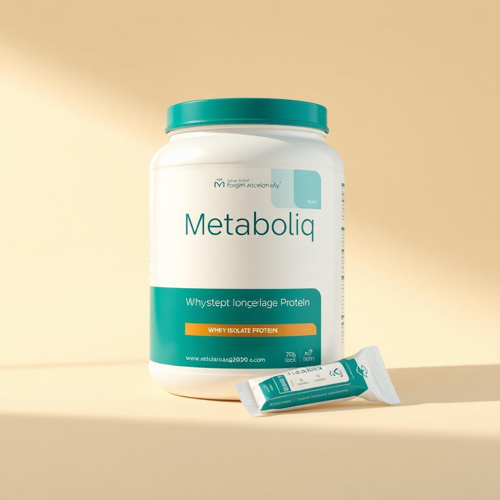 Whey Isolate 27g — Elaichi — Metaboliq studio product render on ivory background